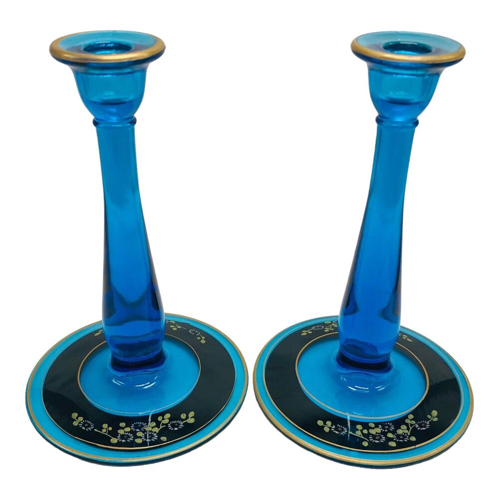 ANTIQ Pair Westmorland Candle Holder Sapphire Glass Hand Painted Gold Gilt Deco